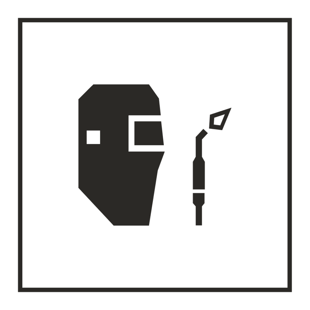 A black icon of a welding mask and torch.