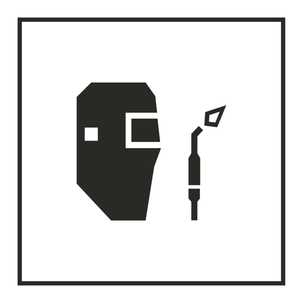 Fabrication A black icon of a welding mask and torch.