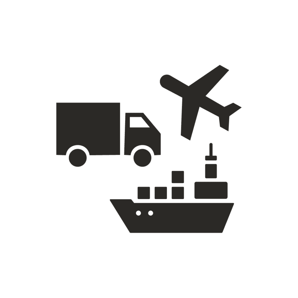 Black icons of a plane, truck, and transport ship
