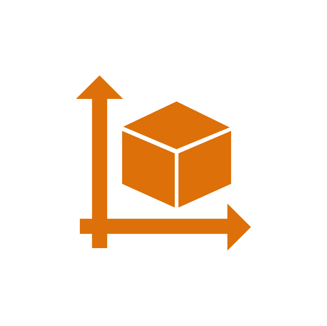 An orange icon of a box with arrows on the left side, intersecting at the bottom left corner. One arrow points up, the other points to the right.