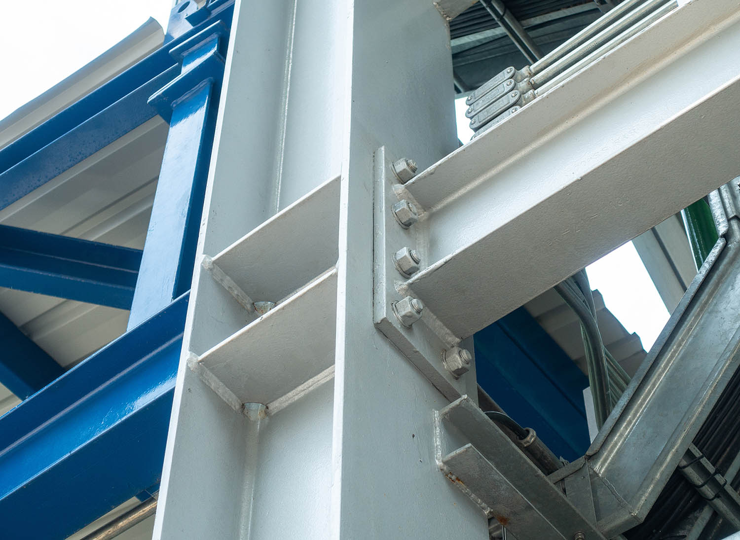 Joint of steel structure with bolt and nut at construction site